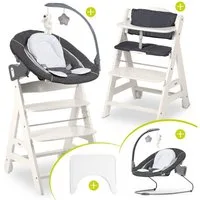 Hauck Hochstuhl Beta Plus White - Newborn Set Deluxe, Holz Babystuhl ab Geburt, Aufsatz für Neugeborene, Sitzkissen, Tisch