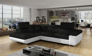Ecksofa Schlafsofa SARRA Stoff Soft- Sawana Weiß-Schwarz Ottomane Links