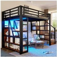 TavilaEcon Hochbett mit robustem Stahlrahmen und mehrstufiger Aufbewahrung (1-St) 140x200cm, mit LED-Lichtleiste und Schutzgeländer, Schwarz