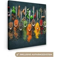 OneMillionCanvasses® Leinwandbild Löffel - Gewürze - Farbenfroh - Gewürze, Fotodruck (1 St), Wandbilder für Esszimmer, Wanddeko Bilder Küche, 20x20 cm