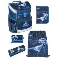 Scooli Schulranzen Campus Fit Jurassic World, T-Rex Dino, dunkelblau, ab 1. Klasse (Grund-Set, 5-tlg., mit gefüllter Federmappe, Turn- & Geldbeutel), kompakt, leicht, robust