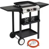 LALAHO Gasgrill Grillwagen 2 Brennern 5.86 kW mit emaillierter Grillplatte, integriertem Thermometer und Seitenablagen