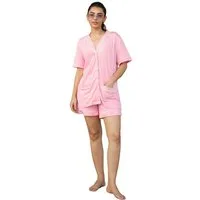 SNOOZE OFF Shorty Damen Pyjama 2-teilig aus 100 % Baumwolle in Rosé mit Kontrastpaspel (2 tlg., 1 Stück) kurzarm Hemd & Shorts