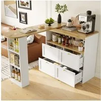 Flieks Bartisch 360° drehbar Stehtisch mit Kommode (Länge 138-204 cm/T39/H104 cm, 2-St., für Esszimmer/Arbeitszimmer/Wohnzimmer), ausziehbar Esstisch mit 4 Schubladen und Ablagen Sideboards Weiß