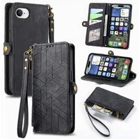 Wigento Handyhülle für Apple iPhone 17e 16e Kunstleder Zipper Book Wallet Tasche Schwarz, Kartenfächer, Reißverschlussfach, Standfunktion