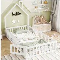 Merax Kinderbett (1-tlg), 90x200cm aus Kiefer,Bodenbett mit Lattenrost,Holzbett,Doppelbett