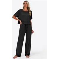 Imily Bela Hausanzug Damen 2-teilige Pullover-Sets (Set, 2 tlg., Strick-Crop-Tops mit Schlitz + High-Waist-Hosen) Volltonfarbe
