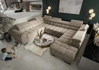 Wohnlandschaft Schlafsofa BASTIEN XL in Stoff Terra Beige Ottomane Rechts