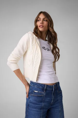 Guess Jeans - GJ LS CABLE HOODIE ZIPPED SWTR WARM WHITE - Gr. - S