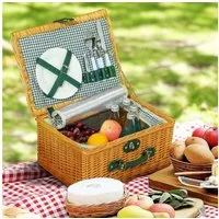 Outsunny Picknickkorb mit Isoliert Kühlfach, Besteck Set (Picknick Set für 2 Personen, 1 St., Picknickkoffer aus Weidenholz), für Camping Strand Weihnachten Hellbraun