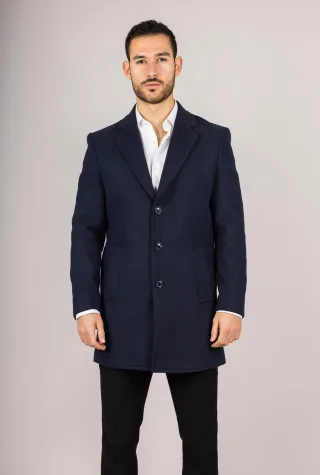 Marineblauer Herrenmantel aus Wollmischung mit Reverskragen