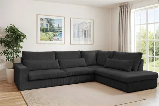 Ecksofa Designersofa THORA in Stoff Poso Schwarz Ottomane Rechts