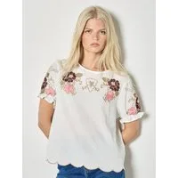 Apricot Blusenshirt Baumwolltop mit Blumenstickerei mit Rüschenärmeln