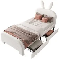 Flieks Polsterbett, Kinderbett Einzelbett 90x200cm, Kaninchenform Kopfteil, 2 Schubladen