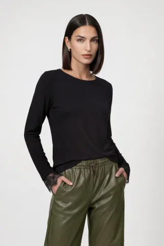 monari - Langarmshirt mit Spitzenborte schwarz - Gr. - 38