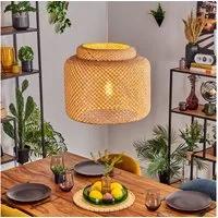hofstein Hängeleuchte Hängelampe aus Metall/Bambus in Weiß/Naturfarben, ohne Leuchtmittel, Hängeleuchte im Boho-Design, Schirm in Gitter-Optik (45cm), 140cm, E27