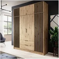 Lomadox Kleiderschrank NAMUR-160 mit Aufsatzschrank, Eiche mit schwarzen Lamellen, 206 cm breit