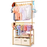 Yorbay Kleiderständer Kinder Kleiderständer aus Bambus, 74 x 35 x 140cm, Kinderregal, (Mit 2 Boxen, Kleiderstange, Kinder offnene Kleiderschrank), Garderobenständer für Kinder, Kinderzimmer und Schlafzimmer