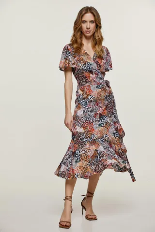 Orangefarbenes Wickelkleid mit Animal-Print und Rüschendetail