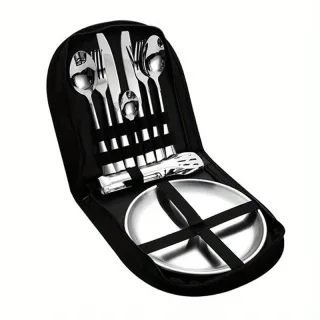 Xmund 10pcs Stainless Steel Camping Tableware Set-Portable AndDurable Outdoor Picnic Utensils With Plates Forks And Spoo