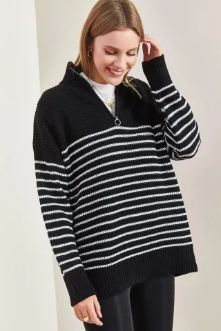 Gestreifter Reißverschluss-Kragen Relaxed Fit Pullover