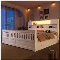 Merax Massivholzbett mit LED-Kopfteil & USB-Anschluss (Plattformbett Bettgestell Doppelbett aus Holz, 1-tlg), 180x200cm mit 4 Schubladen, Stauraumregalen, Bücherregal & Ablagen