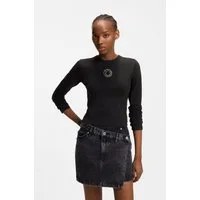HUGO Langarmshirt Daliriee cropped, Rundhals, mit Strassbesatz