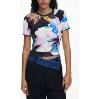 Desigual T-Shirt Damen Kurzarm T-Shirt Schwarz mit Kontrastdetails
