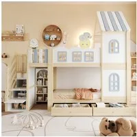 Flieks Etagenbett, Kinderbett 90x200cm Hausform mit Stauraumtreppe Schubladen Regalen