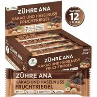 Zühre Ana® Riegel Kakao Haselnuss Fruchtriegel 12x – Vegan, Glutenfrei, Zuckerfrei, 420 g, Leckerer Snack, 35gr x 12 Stück