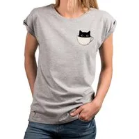 MAKAYA T-Shirt Lustiges Damen-Top mit Katzenmotiv – Katze in Kaffeetasse Print (Weiß, Rosa, Hellgrau, Grün, Dunkelgrau, Blau, Schwarz, 34, 36, 38, 40, 42, 44, 46, 48, 50) Baumwolle