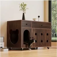 Flieks Mehrzweckschrank bewegliche Katzenkloschrank mit abnehmbarer Sandablassplatten (100×45×66 cm, 1-St) Katzenschrank mit Rollen und Schubladen Sideboard Holzoptik braun