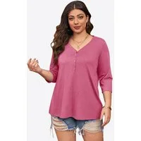 Imily Bela Oversize-Shirt Damen 3/4-Ärmel Henley-Shirt V-Ausschnitt Loose Basic Tunika (Packung, 1-tlg., 1per-Pack) in Unifarbe