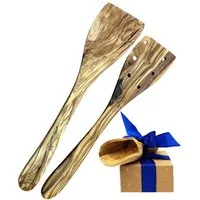 Olivenholz-erleben Kochbesteck-Set 1x Pfannenwender (ohne Löcher) und 1x Pfannenwender (mit Löchern) (Set, 2-tlg., plus Überraschung), aus Olivenholz, hitzebeständig und schonend zu Pfannen