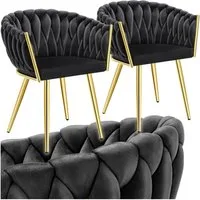 tectake Esszimmerstuhl Samtstuhl gepolstert, mit Samtbezug, Knotendesign, 60,5 x 55 x 75 cm (Polsterstuhl Astano in schwarz/gold, 2 St), Stahlbeine, höhenverstellbare Kunststofffüße, Belastbarkeit 120 kg