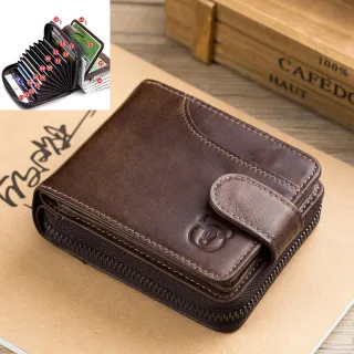 BULLCAPTAIN Genuine Leather Mens Zipper Wallet RFID Blocking Short Wallet Vintage Multi-card Holder Secure Coin Purse Co