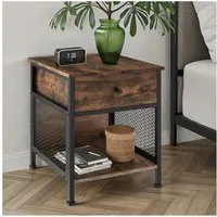 tectake Nachttisch Couchtisch mit höhenverstellbaren Kunststofffüßen, 45 x 46 x 55,5 cm (Beistelltisch Killarney, 1-St., in Industrial Holz dunkel, rustikal), Ablage, Schublade und Staufach mit seitlichen Gitterflächen