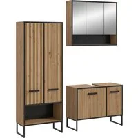 welltime Badezimmer-Set LOCRI, 3-tlg. Badkombination, Breite 154 cm, Rillenoptik, Metallkufen, (3-St., bestehend aus: Hochschrank, Waschbeckeunterschrank & Spiegelschrank), Bad-Kombination, Bad-Möbel, Badezimmer, Kombination, Kombi