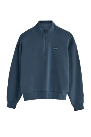 Sweatshirt denimblau mit hohem Kragen, halbem Reißverschluss und Polo Club-Logo
