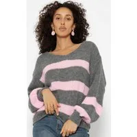 SASSYCLASSY Strickpullover Oversize Pullover Damen mit V-Ausschnitt Elegant Strickpullover mit Streifen aus weichem Grobstrick Schwarz Beige Grau
