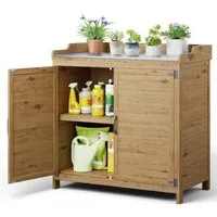 Blishom Garten-Geräteschrank Wetterfester in Holz-Gartenschrank mit Metall-Arbeitsplatte, 98 × 48 × 95 cm, Gartenpflanzbank mit Stauraum