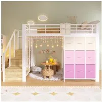 Flieks Hochbett Metallbett Kinderbett 140×200cm mit Kommode und Stauraumtreppe