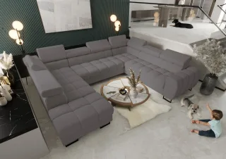 Wohnlandschaft Schlafsofa BASTIEN XL in Stoff Gemma Dunkelgrau Ottomane Links