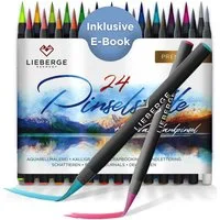 LIEBERGE Pinselstift Premium Set 24 Aquarellfarben + 2 Wassertankpinsel, (Set, 26-tlg., 24 Brush Pens, flexible Pinselspitze, intensive Farben), flexible Pinselspitze, 2 Wassertankpinsel, EN 71 geprüft, Wasserbasis