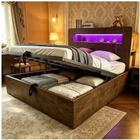 STILVORA Bettgestell 140×200 mit Bettkasten in Vintage-Holz Jugendbett Plattformbett (LED-Beleuchtung, Steckdosen, Stauraum, Holz, Vintage-Holzoptik, Plattformbett, bequem, mit Kopfteilablage), für Schlafzimmer, Jugendzimmer, Gästezimmer, kleine Räum