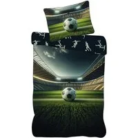 BrandMac Bettwäsche Fußball-Stadion - Wende-Bettwäsche-Set mit Fussball, 135x200 & 80x80, Baumwolle, 100% Baumwolle