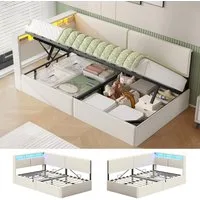 MSMASK Polsterbett mit USB-Steckdosen & LED-Kopfteil, Eckmontage möglich, Jugendbett (Ohne Matratze), Schlafsofa 90x200 cm mit Hydraulischem Stauraum
