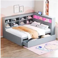 Flieks Massivholzbett, LED Doppelbett 140x200cm mit Stauraum, USB-Aufladen und Schublade