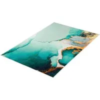 Kleine Wolke Badematte Teal, Badvorleger, Badezimmer Teppich, Höhe 5 mm, rutschhemmend beschichtet, fußbodenheizungsgeeignet, Polyester, rechteckig, bedruckt, Marmor Design, goldfarbene Akzente, weich & kuschelig