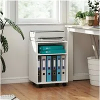 HOMCOM Aktenschrank Druckerhalter mit 2 offenem Regal feststellbaren Rollen (Druckerständer, 1-St., Druckertisch) für Büro Zuhause Office Fax Scanner 40 x 35 x 56 cm, Weiß